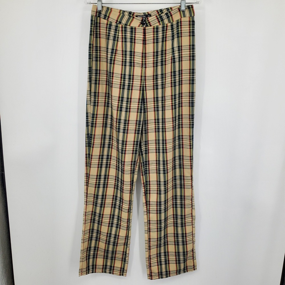 Nasty Gal Collection Plaid High Waisted Wide Leg Trousers Tan Red Green Size 8